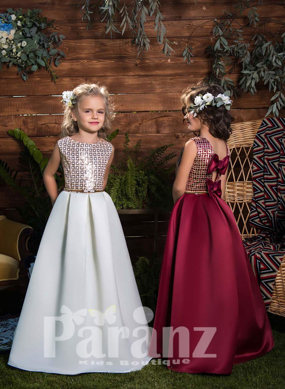 Rich and smooth satin skirt dress with sparkling sequin bodice and back bow