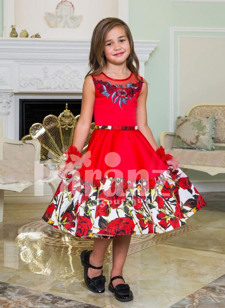 Soft red tea length rich satin party dress for girls with