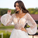Arabian fairy tale inspired pearl white princess wedding tulle gown close view