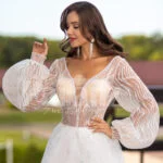 Arabian fairy tale inspired pearl white princess wedding tulle gown close view