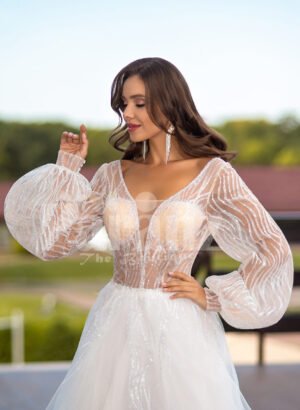 Arabian fairy tale inspired pearl white princess wedding tulle gown close view