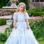 Arabian sheer sleeve metallic sky blue baby party gown with flared tulle skirt and glitz work