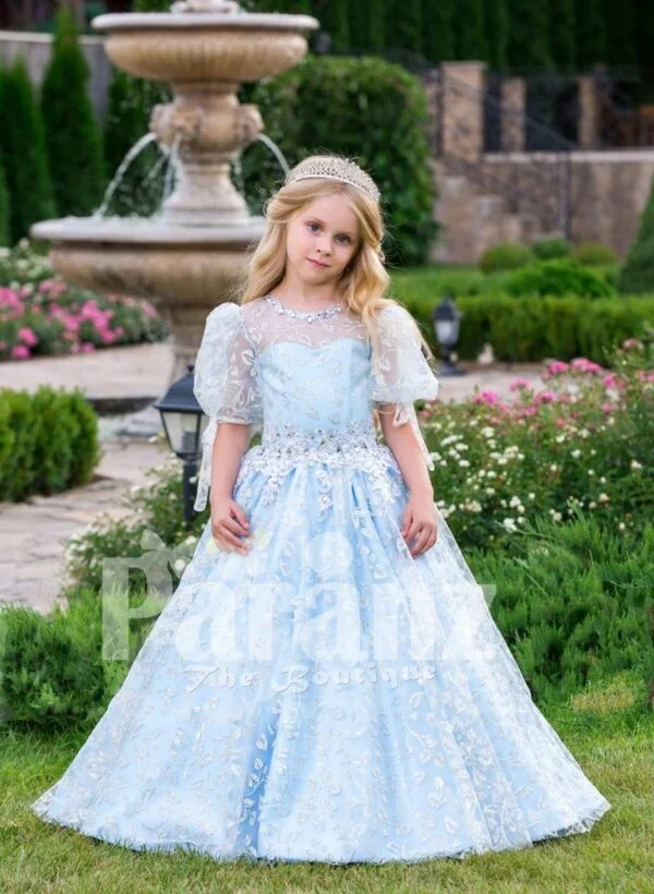 Arabian sheer sleeve metallic sky blue baby party gown with flared tulle skirt and glitz work