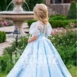 Arabian sheer sleeve metallic sky blue baby party gown with flared tulle skirt and glitz work back side view