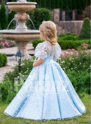 Arabian sheer sleeve metallic sky blue baby party gown with flared tulle skirt and glitz work back side view