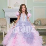 Baby pink-purple ruffle-tulle flared and high volume floor length gown for little girls