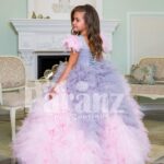 Baby pink-purple ruffle-tulle flared and high volume floor length gown for little girls back side view