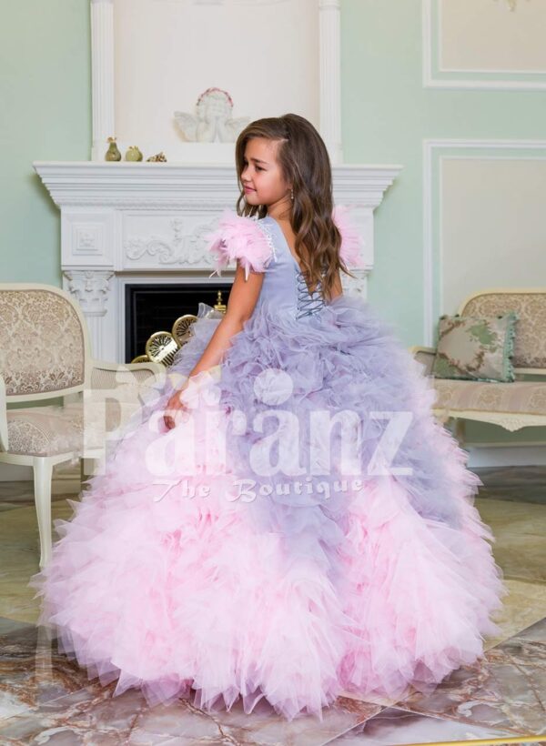 Baby pink-purple ruffle-tulle flared and high volume floor length gown for little girls back side view