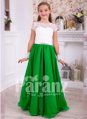Beautiful bottle green skirt and pearl white bodice party gown for girls