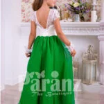 Beautiful bottle green skirt and pearl white bodice party gown for girls back side view