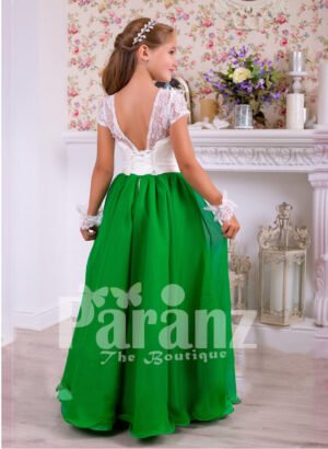 Beautiful bottle green skirt and pearl white bodice party gown for girls back side view