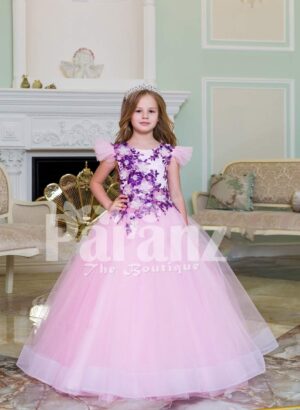 Beautiful floor length light pink baby gown with floral appliquéd bodice and tulle skirt