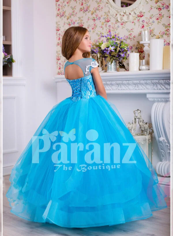 Beautiful floor length multi layer tulle skirt dress with floral work bodice back side view