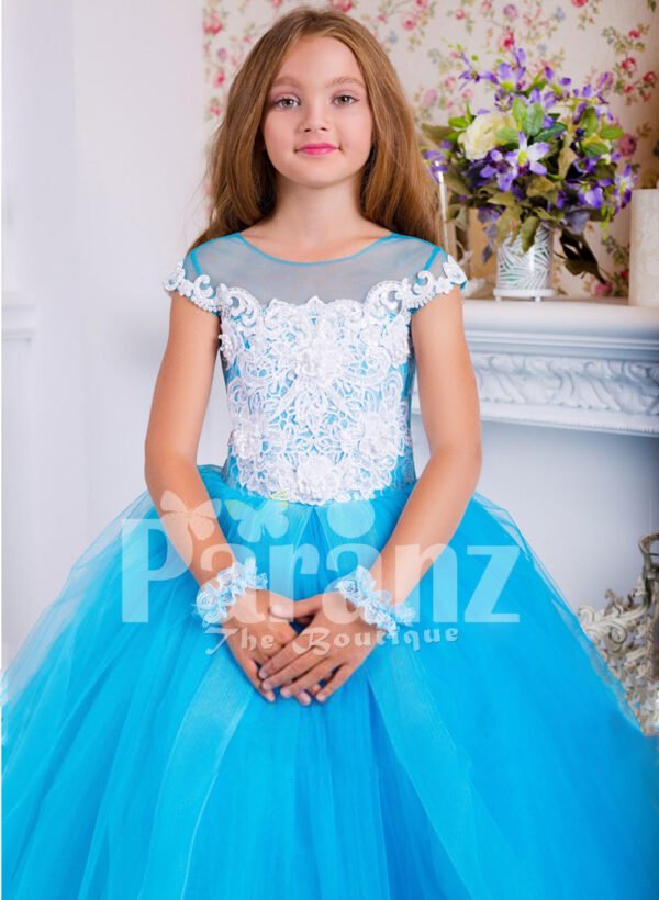 Beautiful floor length multi layer tulle skirt dress with floral work bodice for girls