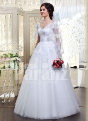 Beautiful milk white flared tulle skirt wedding gown with royal thread appliquéd bodice