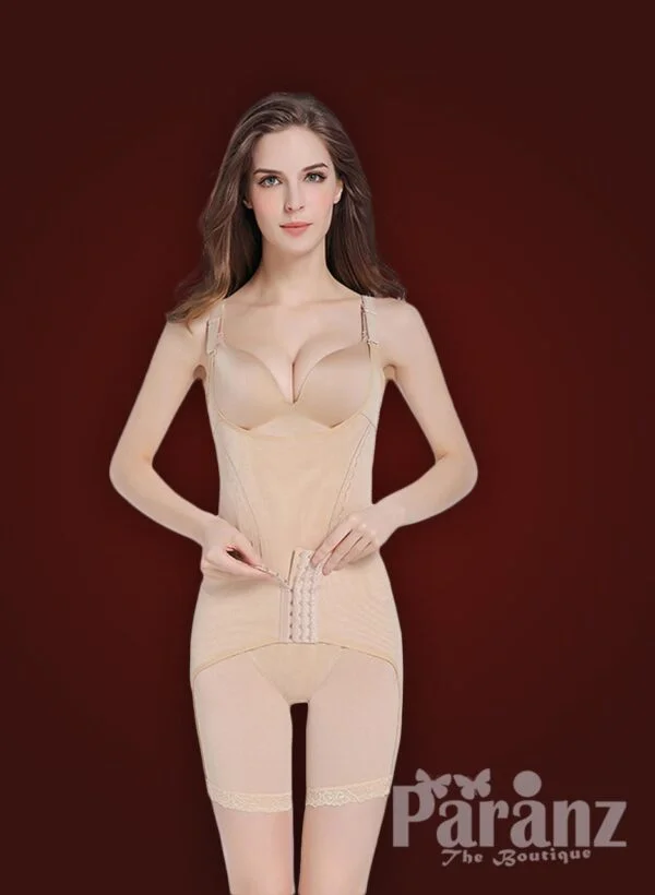 Beige open-bust style elastic strappy sleeve multi-layer waist slimming body shaper new