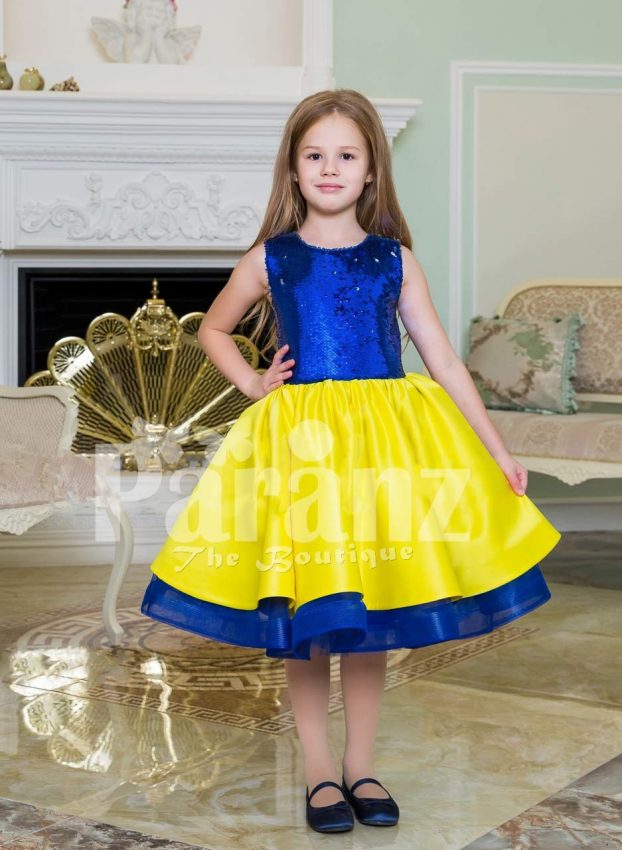 Bright blue-yellow tea length tulle skirt sleeveless satin party dress for girls