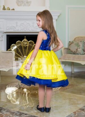 Bright blue-yellow tea length tulle skirt sleeveless satin party dress for girls back side view