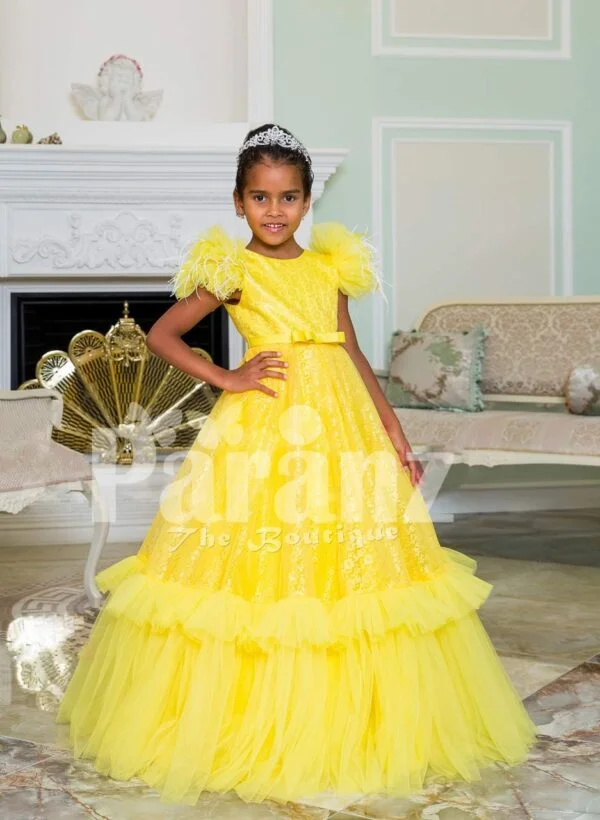 Bright yellow floor length ruffle-tulle elegant party gown for girls