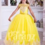 Bright yellow floor length tulle skirt dress with lace hem sleeveless satin-sheer bodice