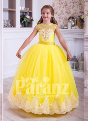Bright yellow floor length tulle skirt dress with lace hem sleeveless satin-sheer bodice