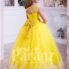 Bright yellow floor length tulle skirt dress with lace hem sleeveless satin-sheer bodice back side view