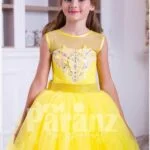 Bright yellow floor length tulle skirt dress with lace hem sleeveless satin-sheer bodice for girls