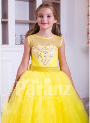 Bright yellow floor length tulle skirt dress with lace hem sleeveless satin-sheer bodice for girls