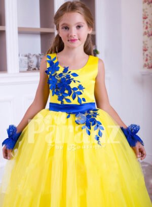 Bright yellow sleeveless floor length tulle skirt party gown with royal blue lace works for girls