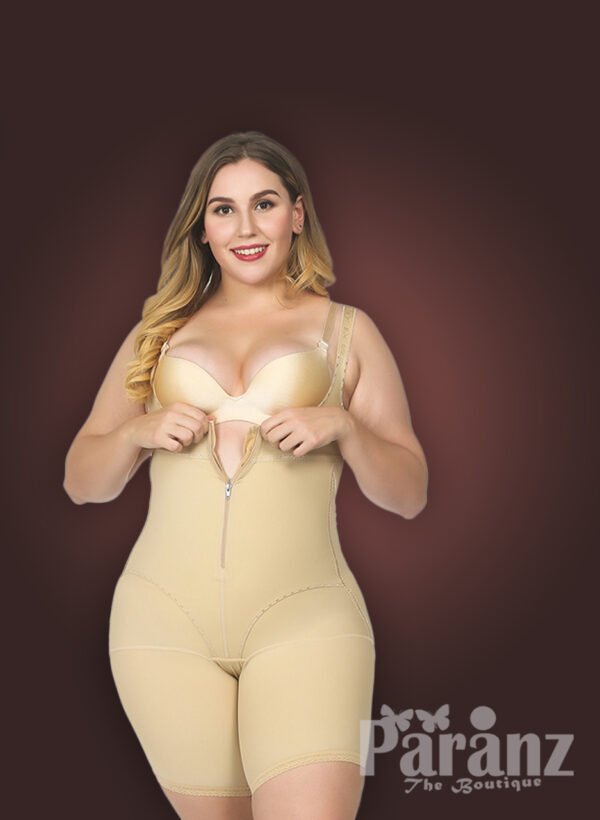 Butt enhancing tummy slimming open bust body shaper with front zipper closure new views