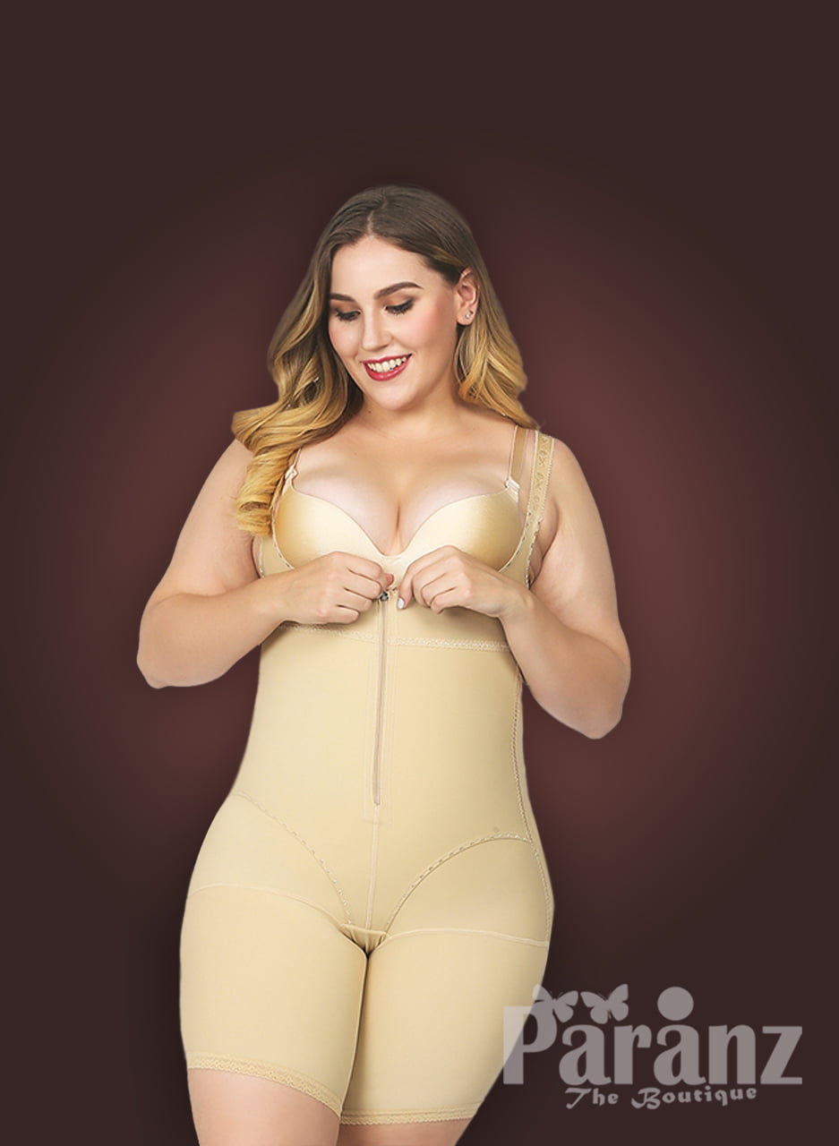 Butt enhancing tummy slimming open bust body shaper with front zipper  closure