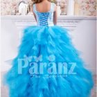 Elegant cloud tulle skirt floor length gown with sleeveless lace rosette work bodice back side view