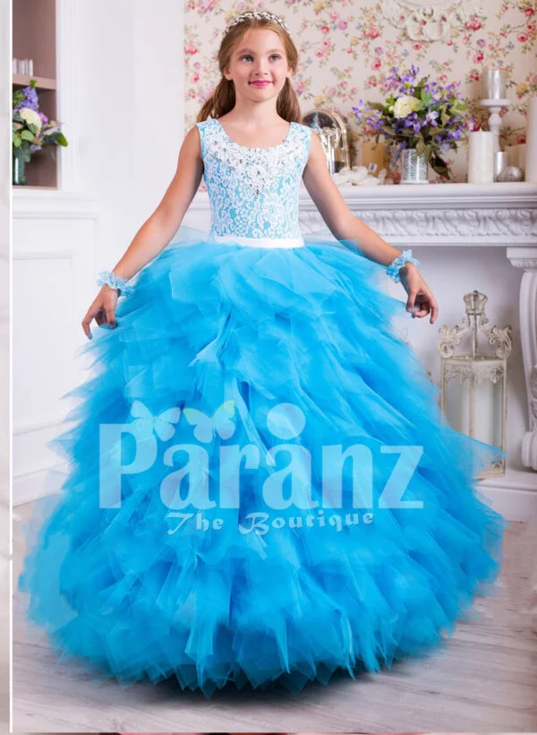 Elegant cloud tulle skirt floor length gown with sleeveless lace rosette work bodice for women