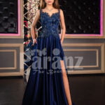 Elegant floor length pleated satin skirt evening party gown with royal sleeveless bodice