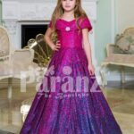 Elegant magenta pink floor length baby gown with all over blue glitz and royal bodice