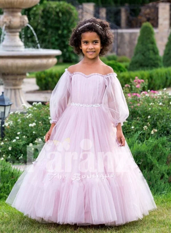 Elegant off-shoulder Arabian sleeve floor length ruffle-tulle baby party gown in soft pink