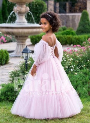 Elegant off-shoulder Arabian sleeve floor length ruffle-tulle baby party gown in soft pink side view