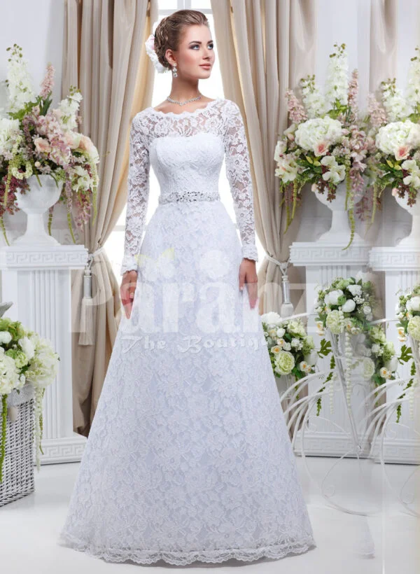 Elegant pearl white floor length tulle skirt wedding gown with over all lace works