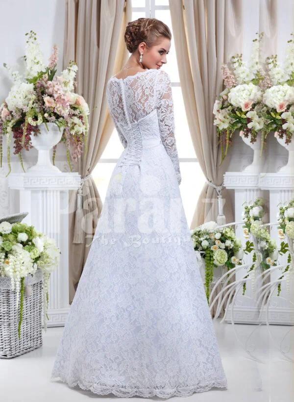 Elegant pearl white floor length tulle skirt wedding gown with over all lace works back side view