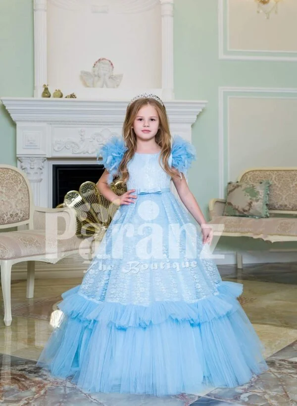 Elegant sky blue floor length baby gown with ruffle sleeve and long tulle-ruffle skirt