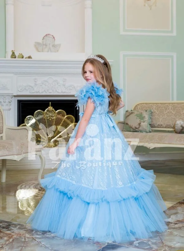 Elegant sky blue floor length baby gown with ruffle sleeve and long tulle-ruffle skirt side view