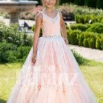 Elegant sleeveless peach hue floor length baby party gown with glitz sequin work all over