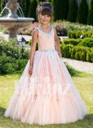 Elegant sleeveless peach hue floor length baby party gown with glitz sequin work all over