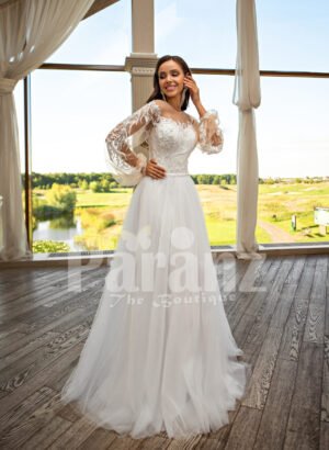 Elegant white soft tulle skirt wedding gown with full sleeve royal bodice