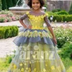 Elegant yellow-grey floor length flared tulle skirt baby gown with amazing floral works