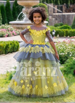 Elegant yellow-grey floor length flared tulle skirt baby gown with amazing floral works