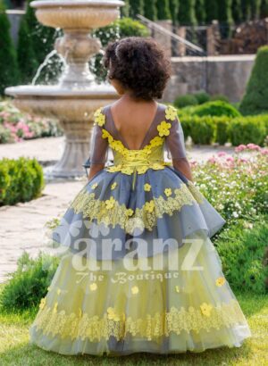 Elegant yellow-grey floor length flared tulle skirt baby gown with amazing floral works back side view