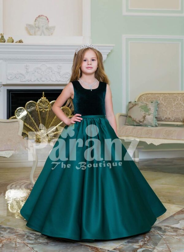 Exclusive deep green velvet bodice baby gown with rich satin bottle green floor length skirt