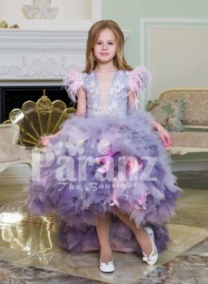 Exclusive high-low cloud tulle-ruffle skirt baby gown with beautiful bodice and feather sleeves