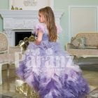 Exclusive high-low cloud tulle-ruffle skirt baby gown with beautiful bodice and feather sleeves back side view
